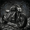 Motorcycle on a background of mechanical parts and blueprints