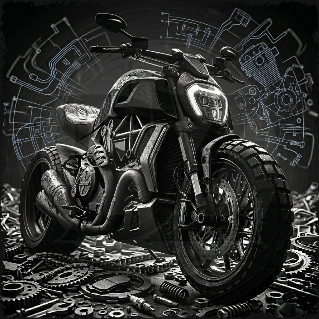 Motorcycle on a background of mechanical parts and blueprints