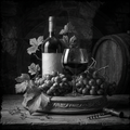 Still life with a wine bottle, glass, and grapes on a wooden surface.
