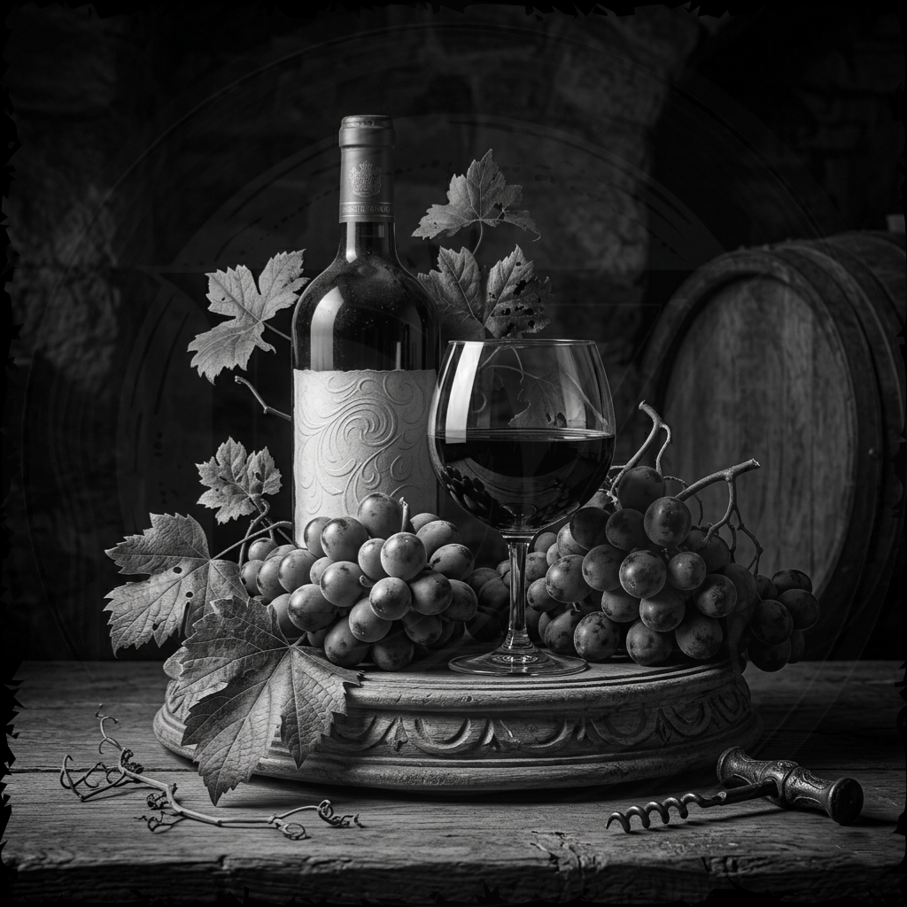 Still life with a wine bottle, glass, and grapes on a wooden surface.