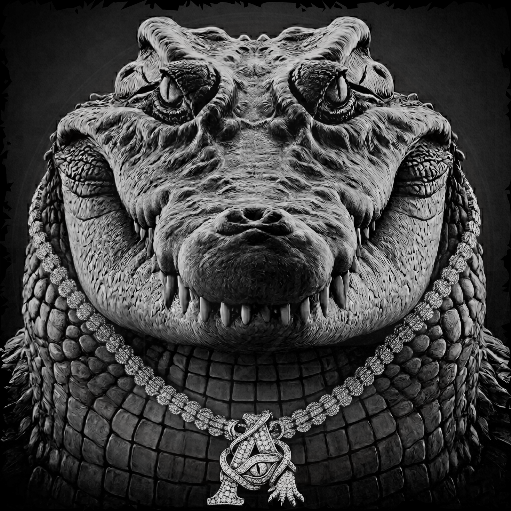 Stylized crocodile head with a diamond necklace on a dark background