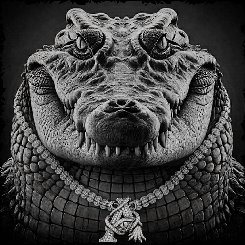 Stylized crocodile head with a diamond necklace on a dark background