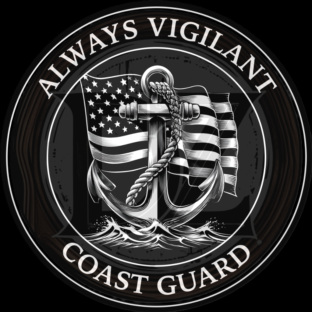 Coast Guard emblem with anchor and American flag, text 'Always Vigilant Coast Guard' on a black background