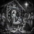 Black and white nativity scene with central figures and starry night sky