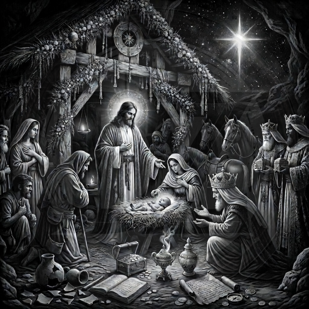 Black and white nativity scene with central figures and starry night sky