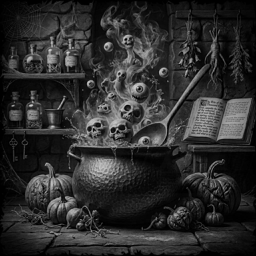 Halloween-themed scene with a cauldron, skulls, and pumpkins in a dark room.