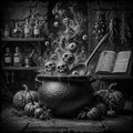 Halloween-themed scene with a cauldron, skulls, and pumpkins in a dark room.