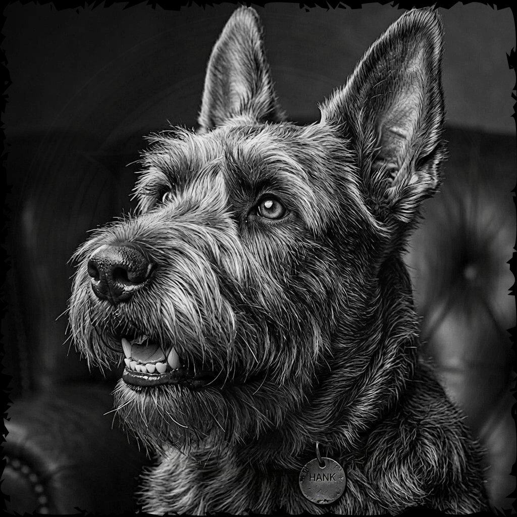 Black and white portrait of a dog with a blurred background