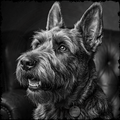 Black and white portrait of a dog with a blurred background