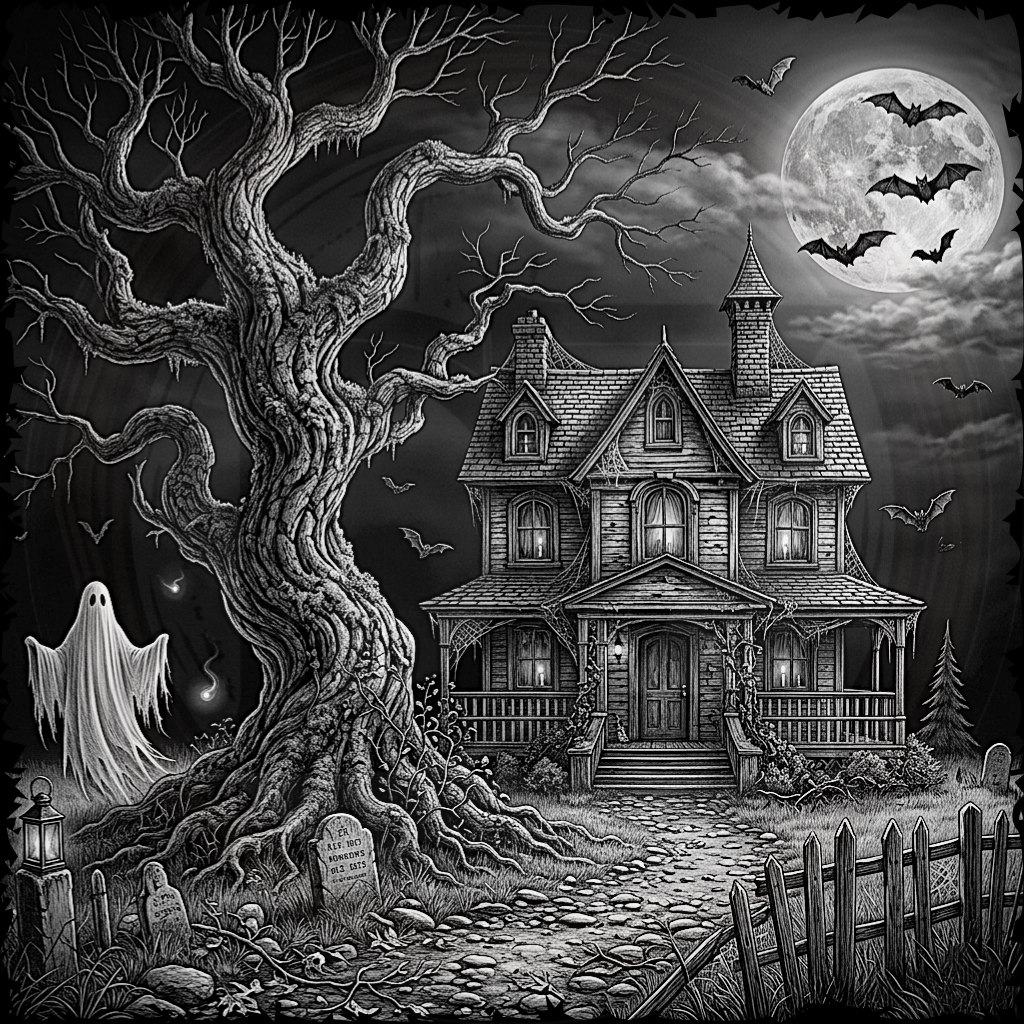 Spooky Halloween scene with haunted house, ghost, and bats under a full moon.