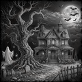Spooky Halloween scene with haunted house, ghost, and bats under a full moon.