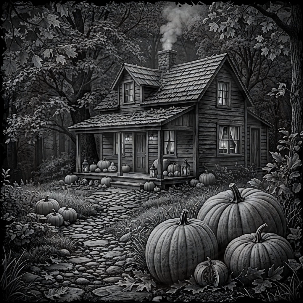 Black and white illustration of a rustic house with pumpkins in a garden.