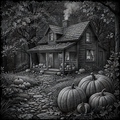 Black and white illustration of a rustic house with pumpkins in a garden.