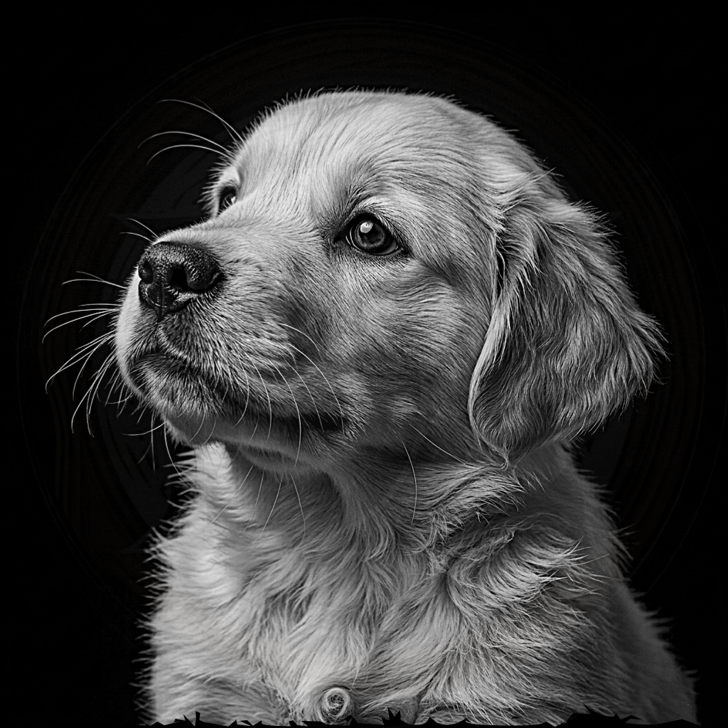 Black and white portrait of a dog on a black background