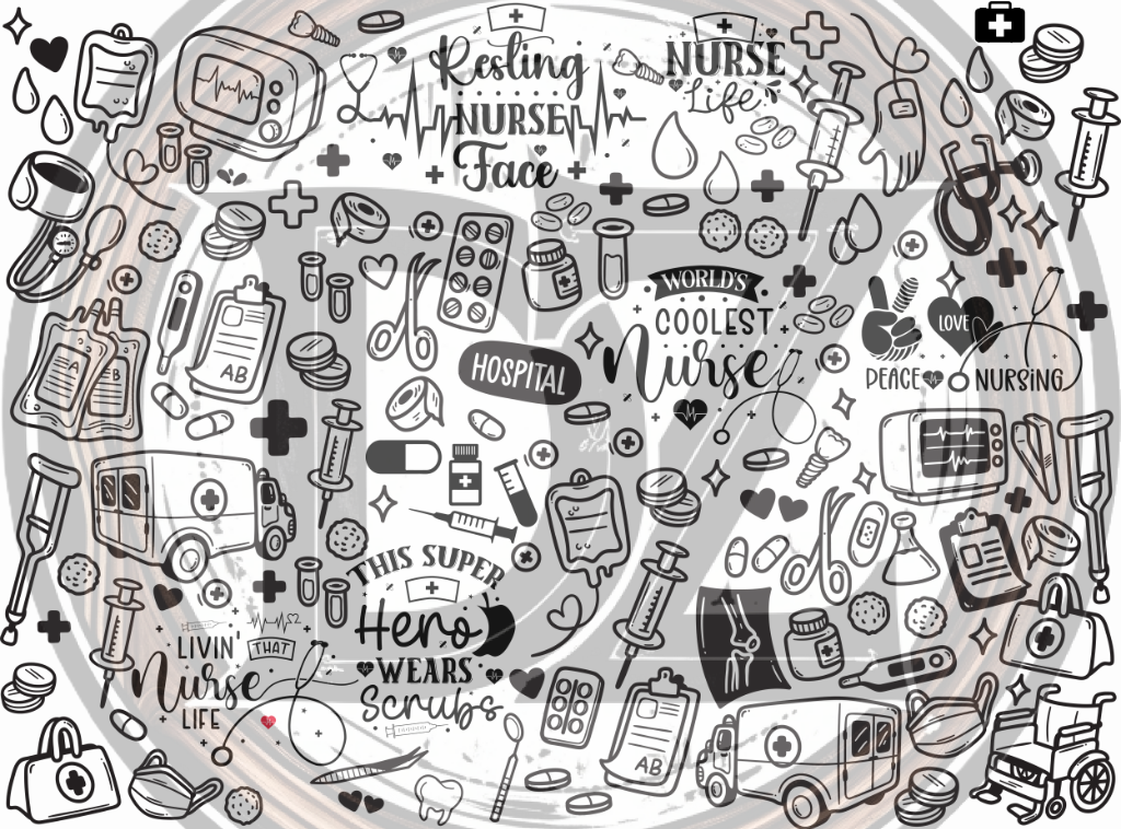 illustrations related to nursing and healthcare, featuring text like 'Nurse', 'Hospital', and 'World's Coolest Nurse'.