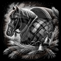 Decorative illustration of a horse in armor with plumes and bells on a black background
