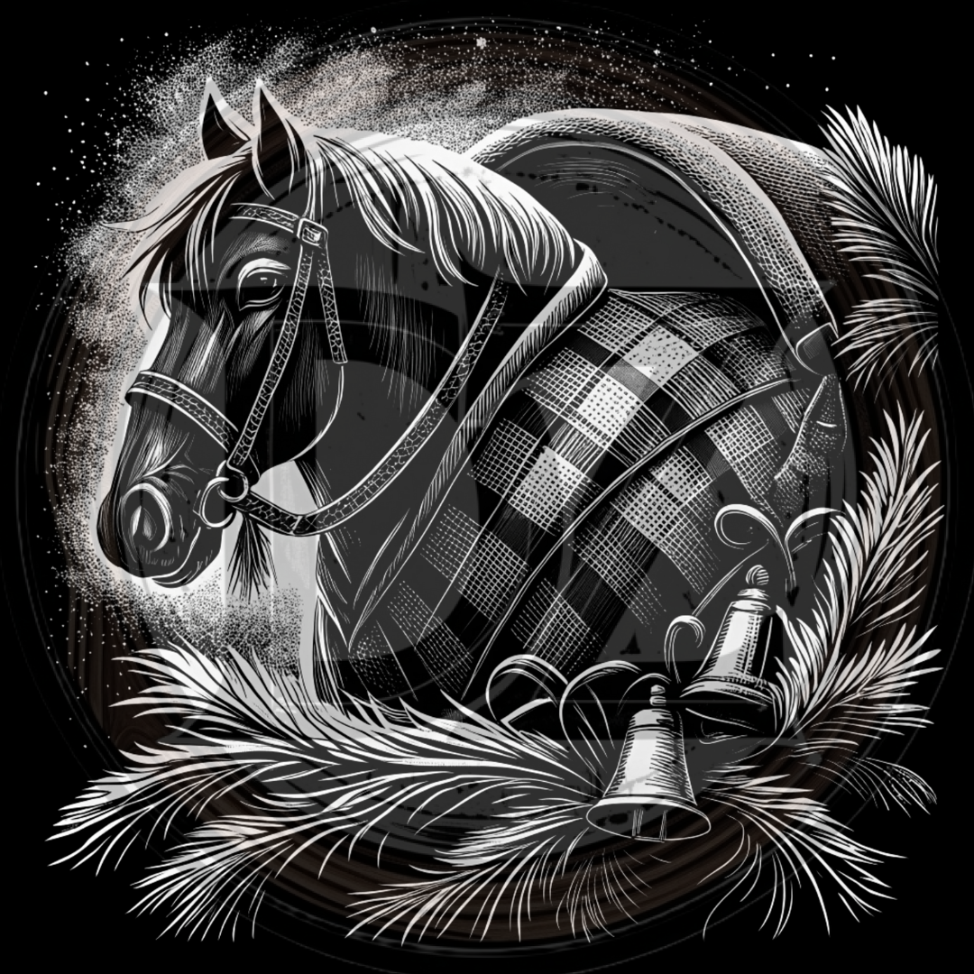 Decorative illustration of a horse in armor with plumes and bells on a black background