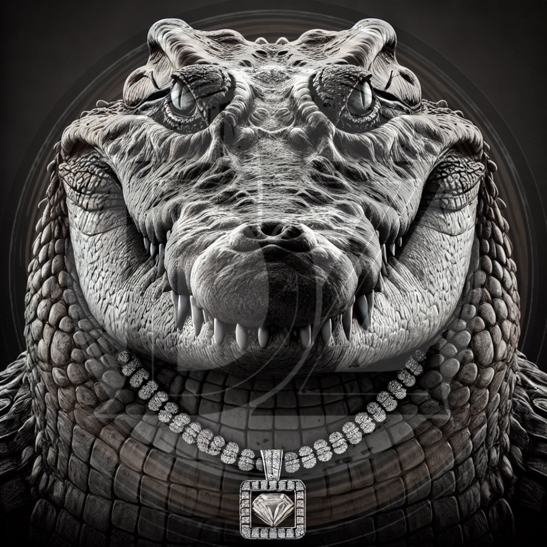 Close-up of a crocodile head with a diamond necklace on a dark background