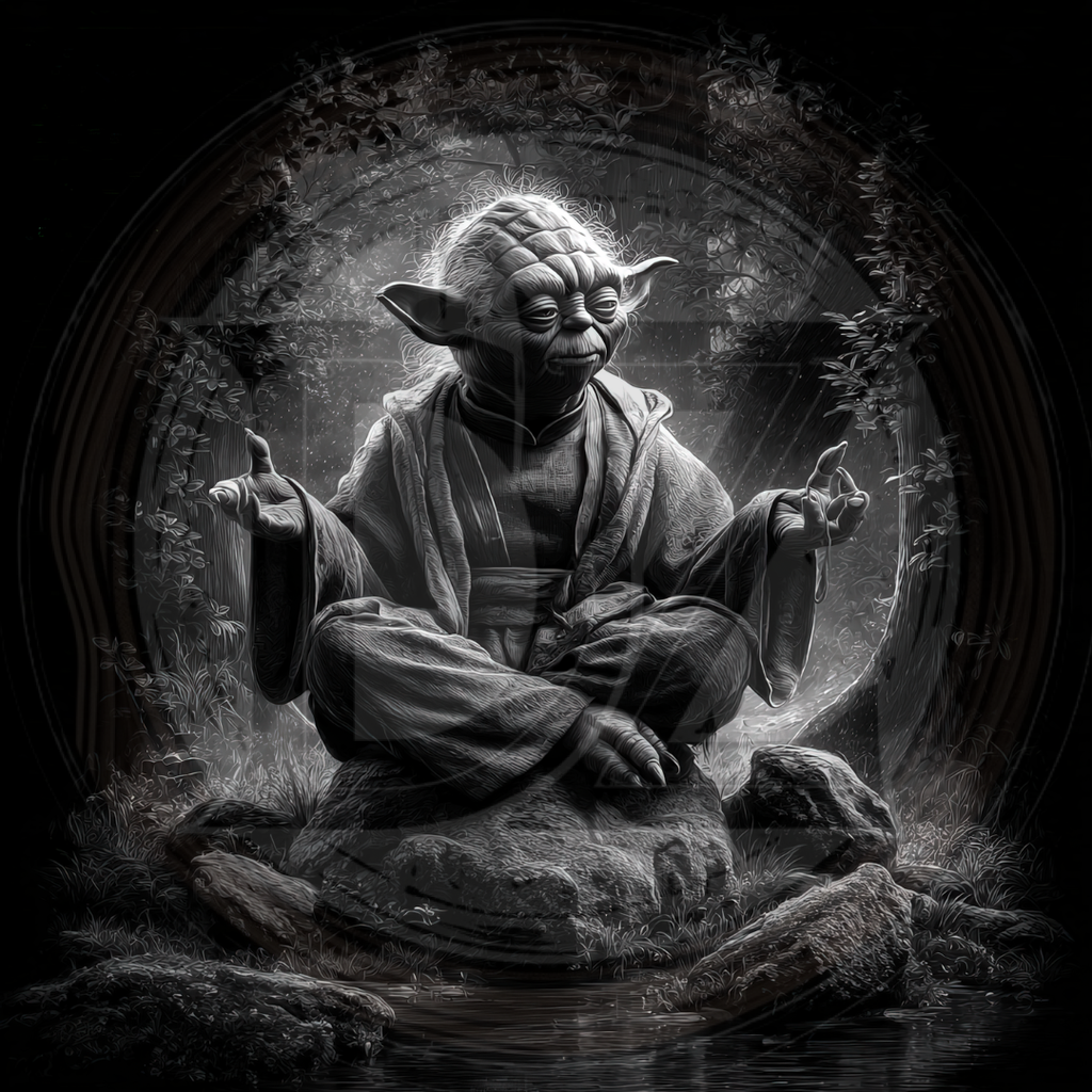 Black and white illustration of a wise figure sitting on a rock with a dark background