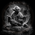 Black and white illustration of a wise figure sitting on a rock with a dark background