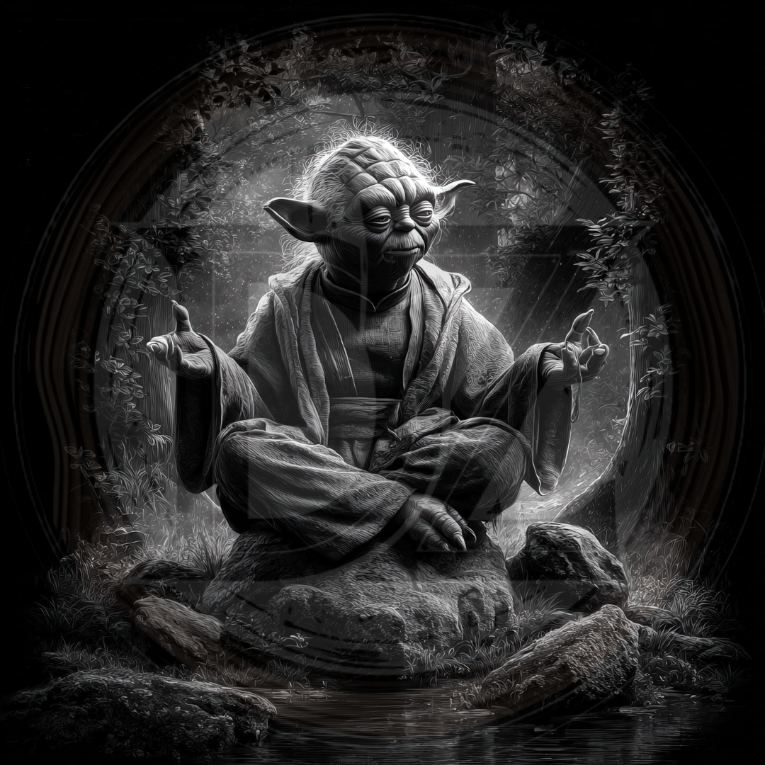 Black and white illustration of a wise figure sitting on a rock with a dark background