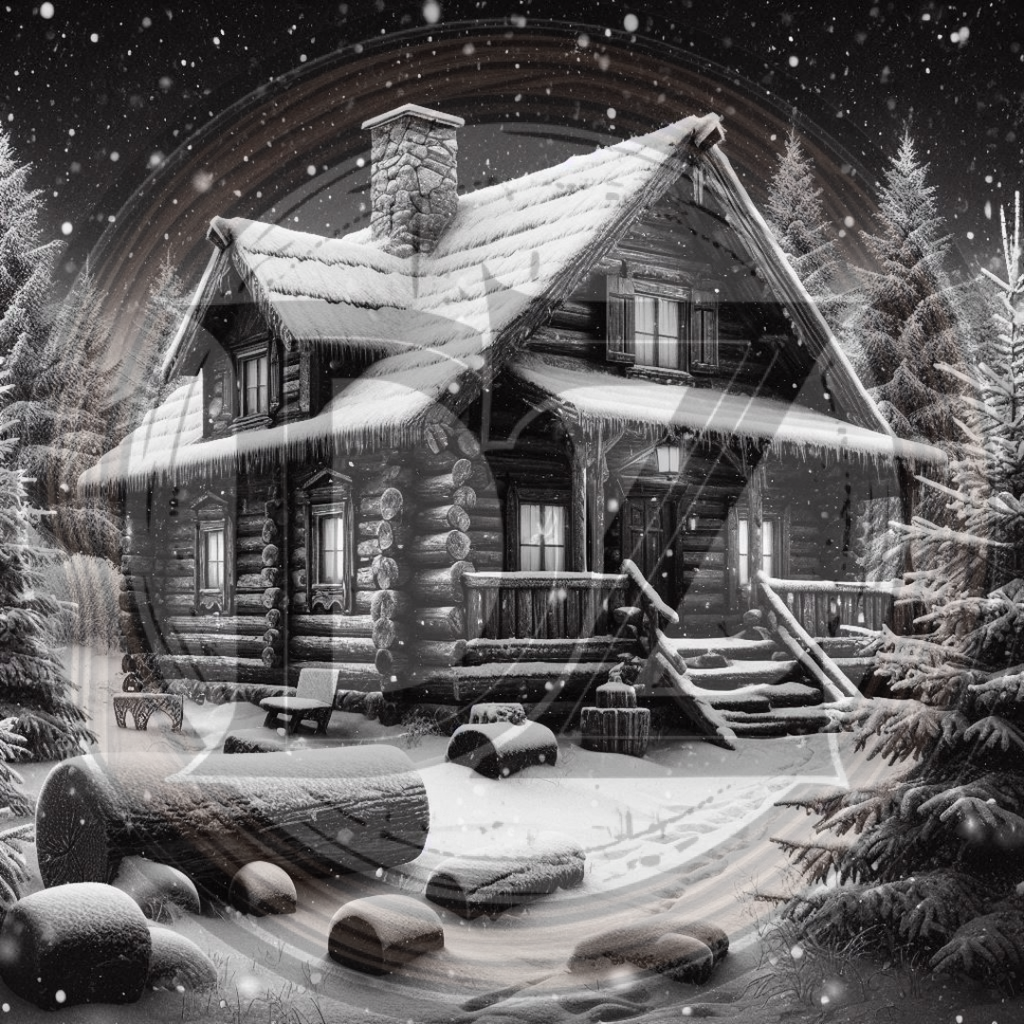 Log cabin in a snowy forest with a car parked outside