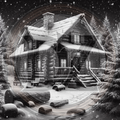 Log cabin in a snowy forest with a car parked outside