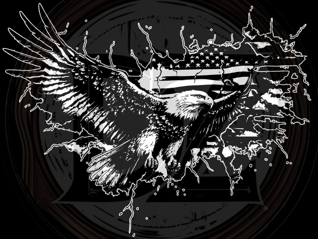 Black and white illustration of an eagle with an American flag in the background