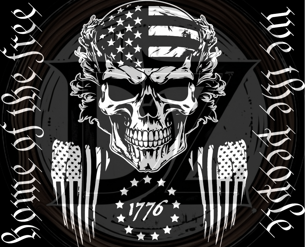 Skull wearing an American flag with text 'Home of the Free' and 'We the People' on a black background.