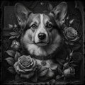 Black and white illustration of a dog surrounded by roses and decorative elements.