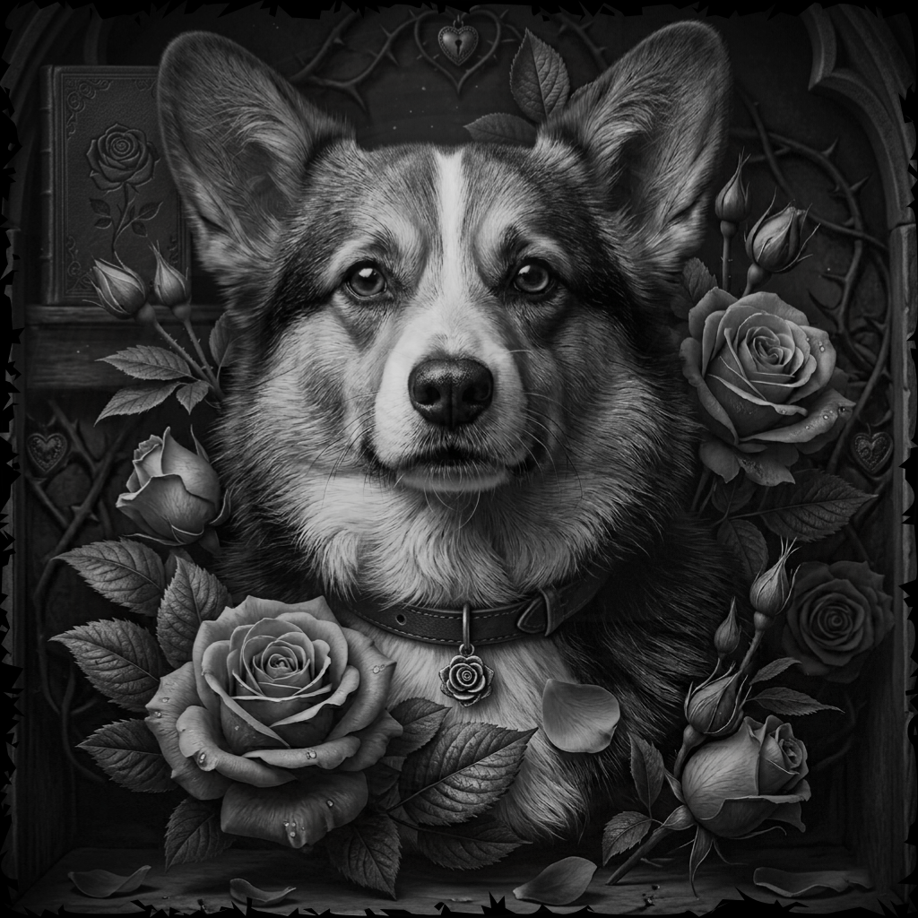 Black and white illustration of a dog surrounded by roses and decorative elements.