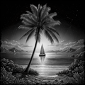 Black and white illustration of a palm tree by the ocean with sailboats and mountains in the background.