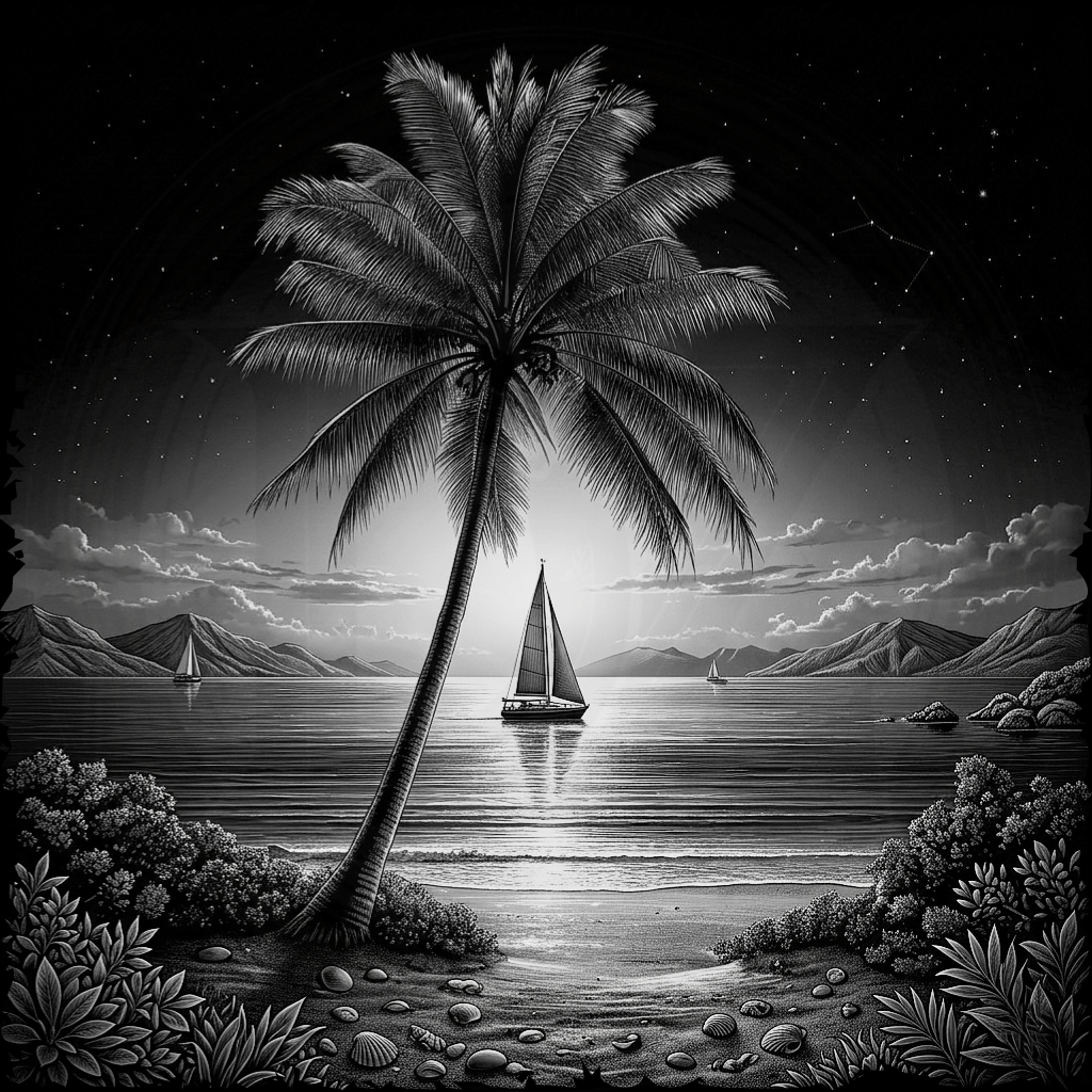 Black and white illustration of a palm tree by the ocean with sailboats and mountains in the background.