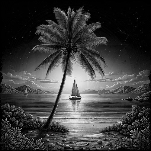 Black and white illustration of a palm tree by the ocean with sailboats and mountains in the background.