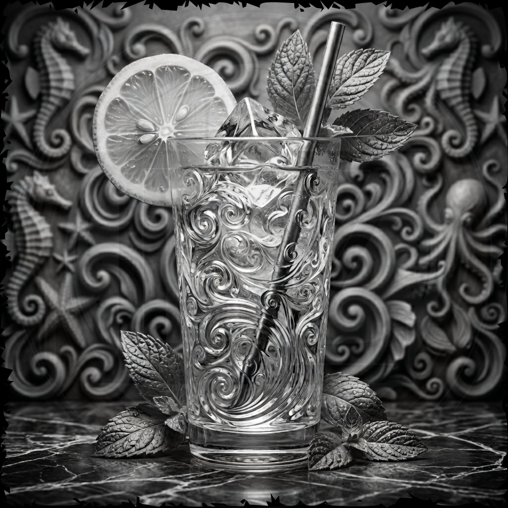 Decorative glass with a lemon slice and mint leaves against a decorative wall.