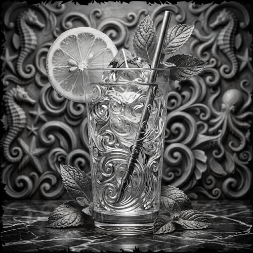 Decorative glass with a lemon slice and mint leaves against a decorative wall.