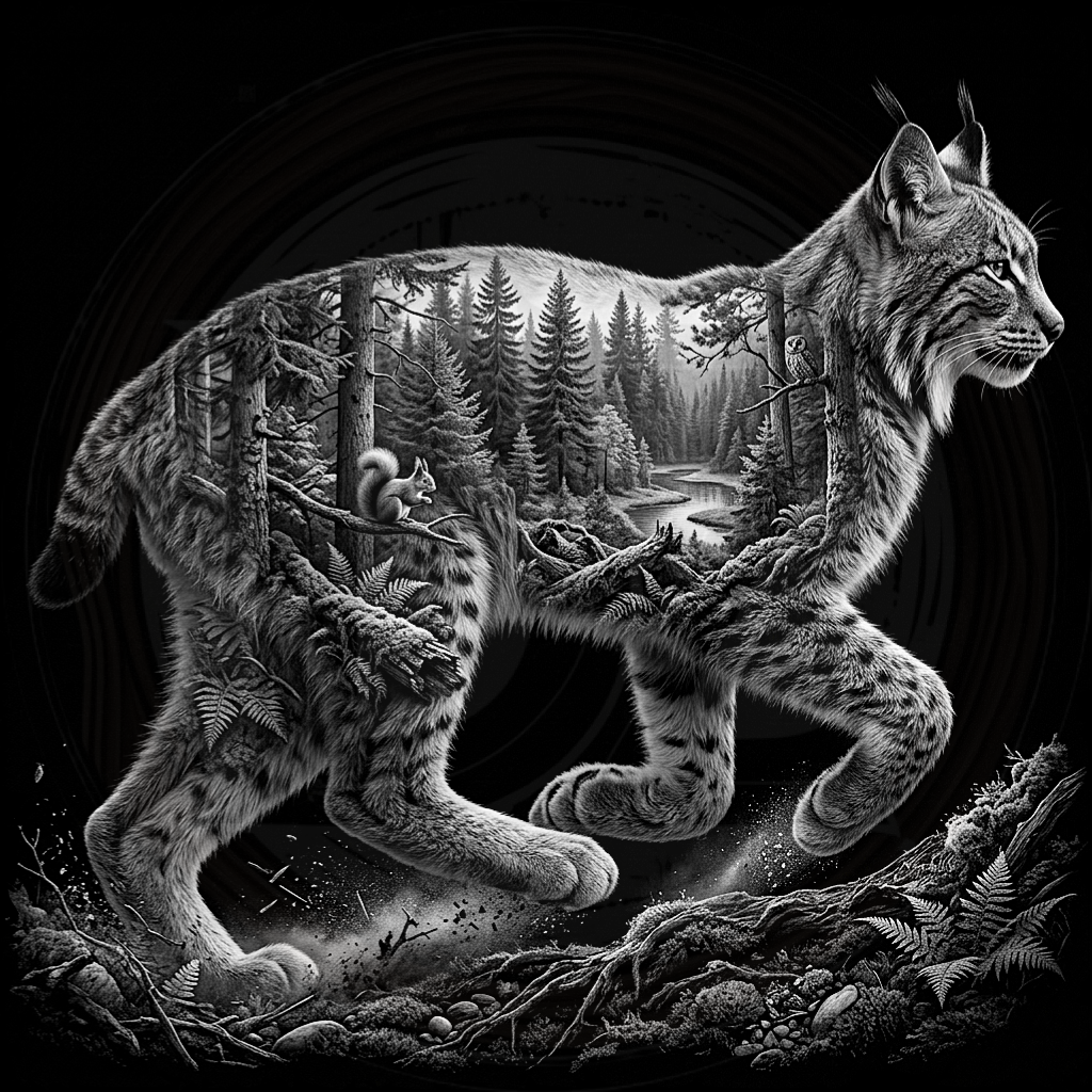 Lynx in a forest with a black and white color scheme
