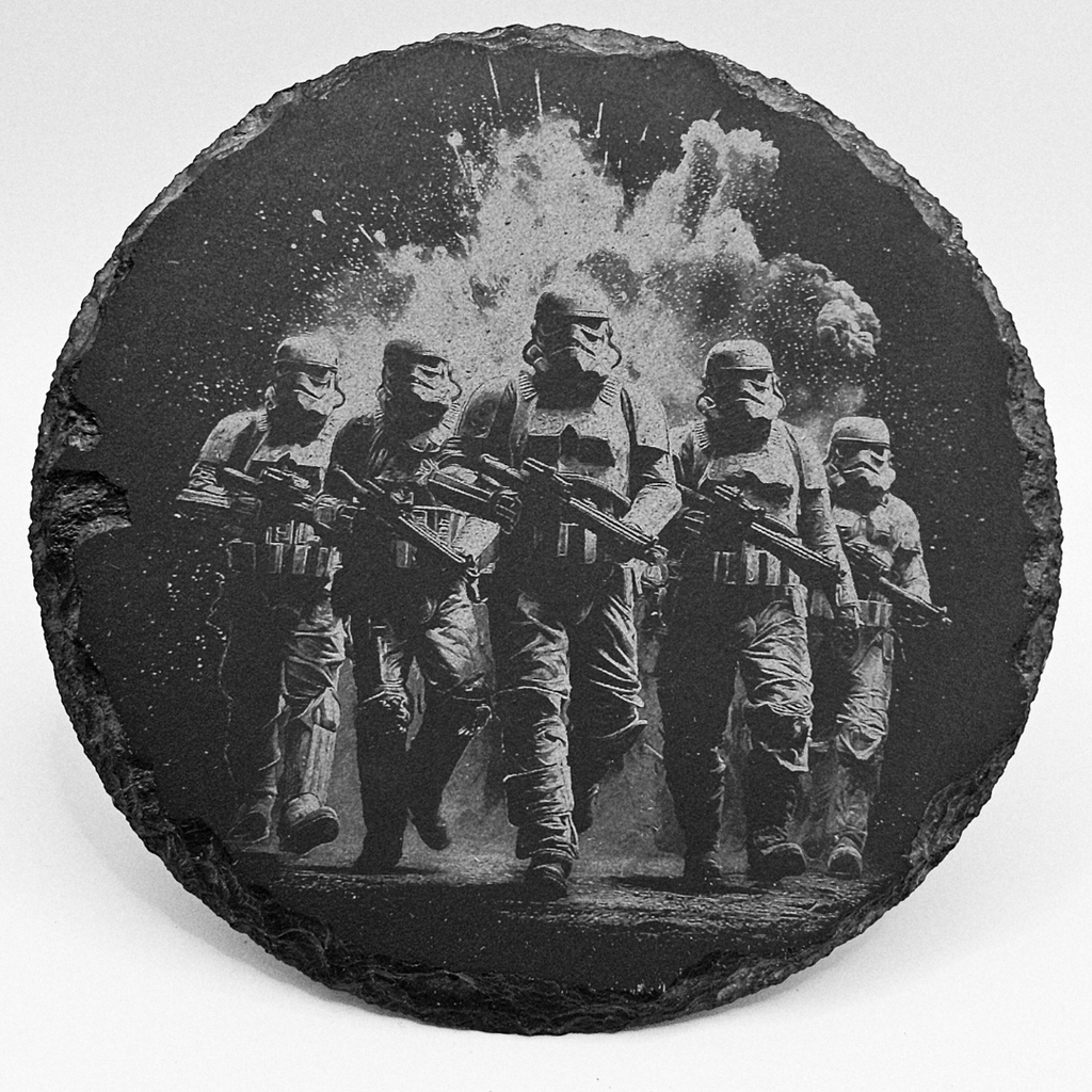 Decorative stone with engraved image of stormtroopers from Star Wars on a white background
