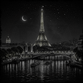 Black and white night scene of the Eiffel Tower with a crescent moon.