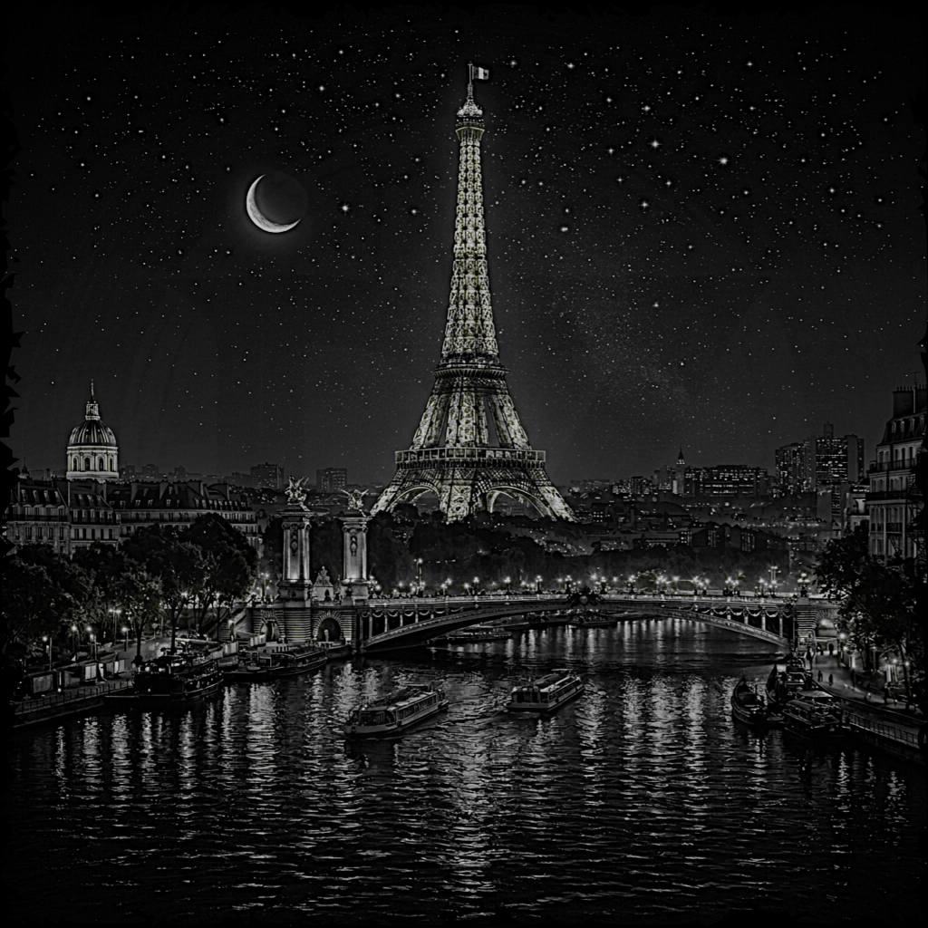 Black and white night scene of the Eiffel Tower with a crescent moon.