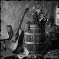 Vintage still life with acoustic guitar, wooden barrel, and flowers against a textured wall.