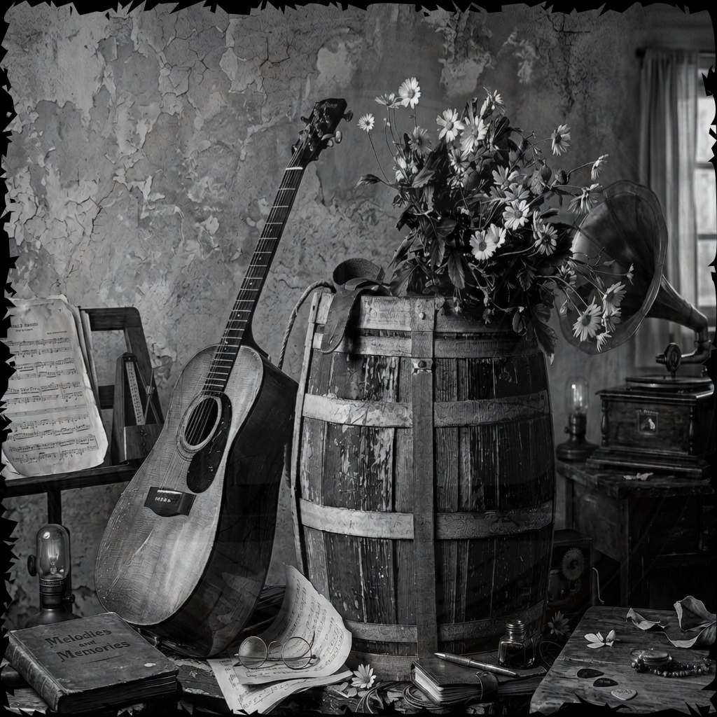 Vintage still life with acoustic guitar, wooden barrel, and flowers against a textured wall.