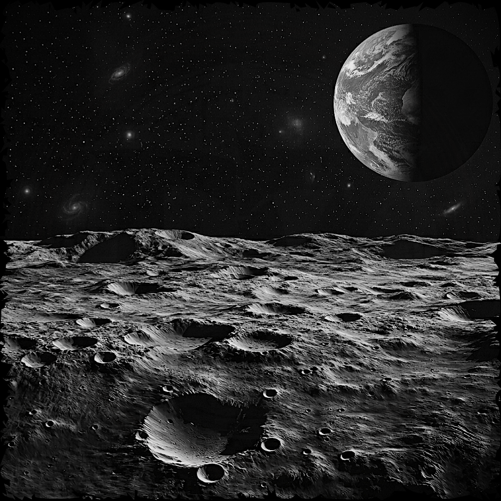 View of Earth from the Moon with lunar surface in foreground