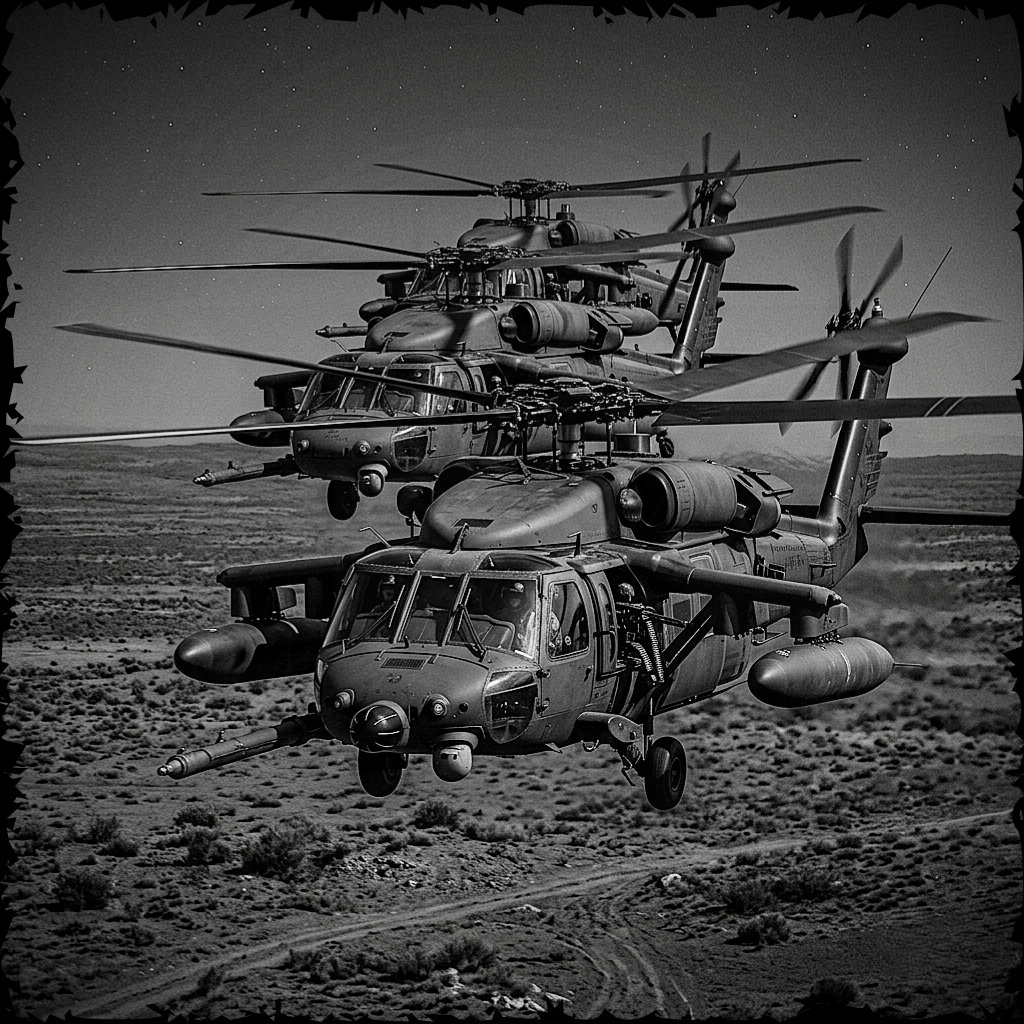 Three military helicopters in a desert landscape