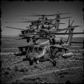 Three military helicopters in a desert landscape