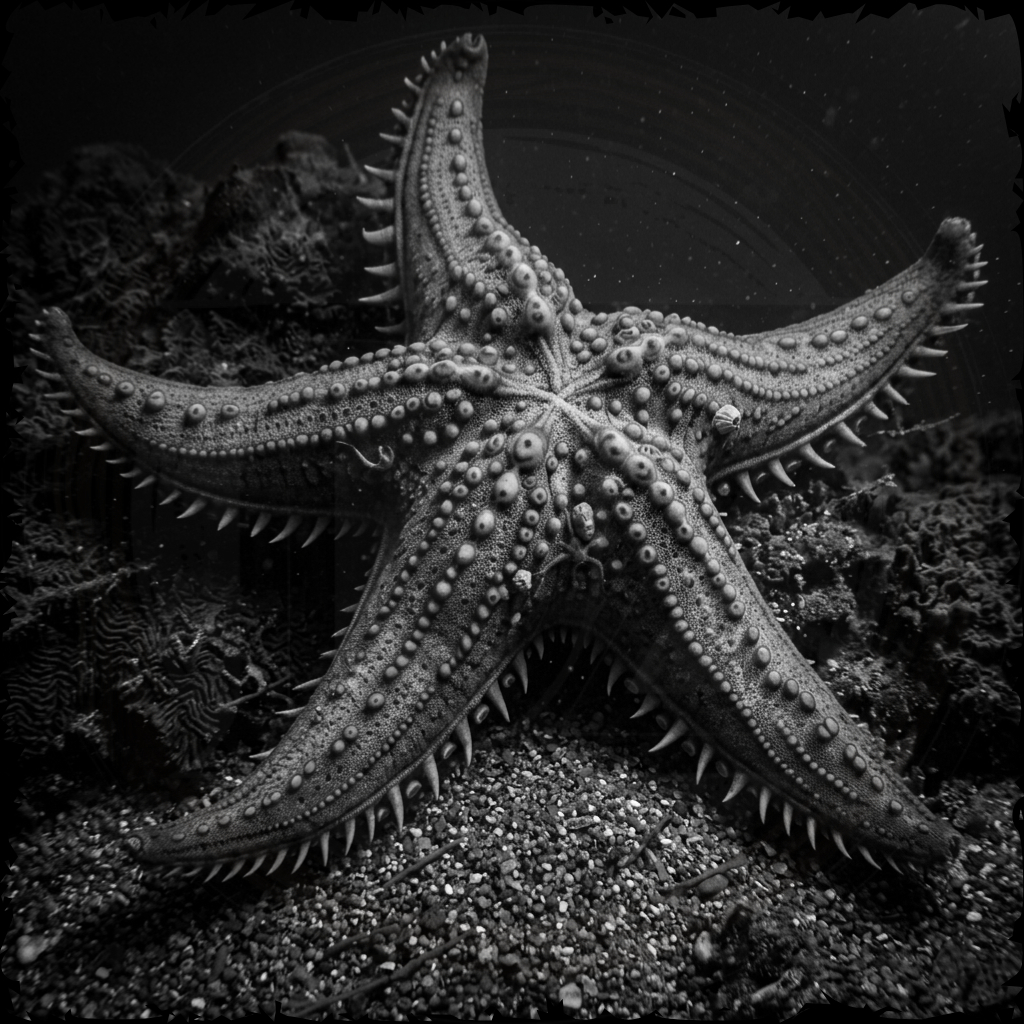 Black and white starfish on a dark seabed