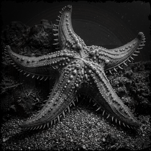 Black and white starfish on a dark seabed