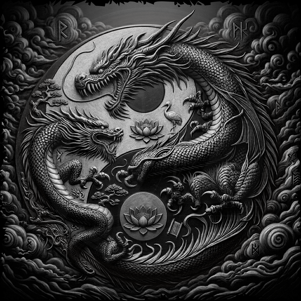Decorative design with two dragons and a lotus flower on a textured background