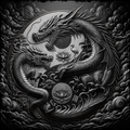 Decorative design with two dragons and a lotus flower on a textured background