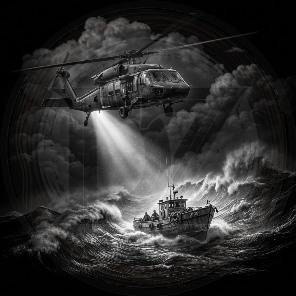 Helicopter hovering over a boat in rough ocean waves with dramatic lighting.